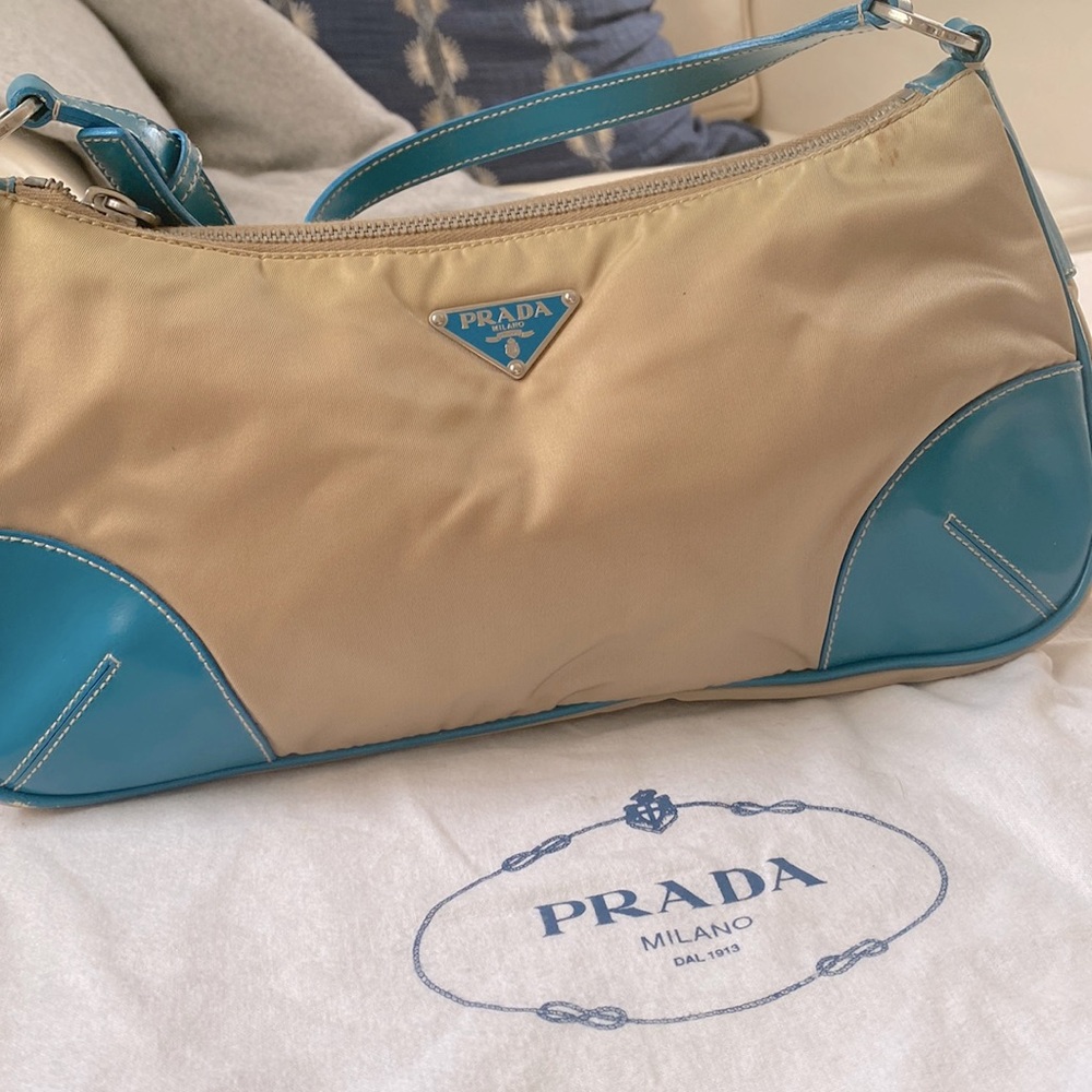 Prada tan and blue canvas and leather shoulder bag